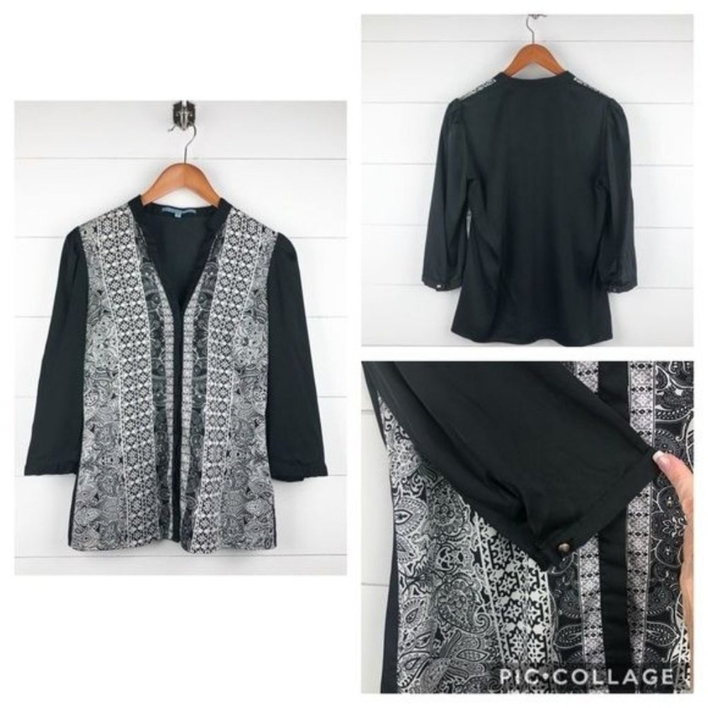 Antonio Melani Women Black Paisley Print Open Front 3/4 Sleeve‎ Tunic Top XS